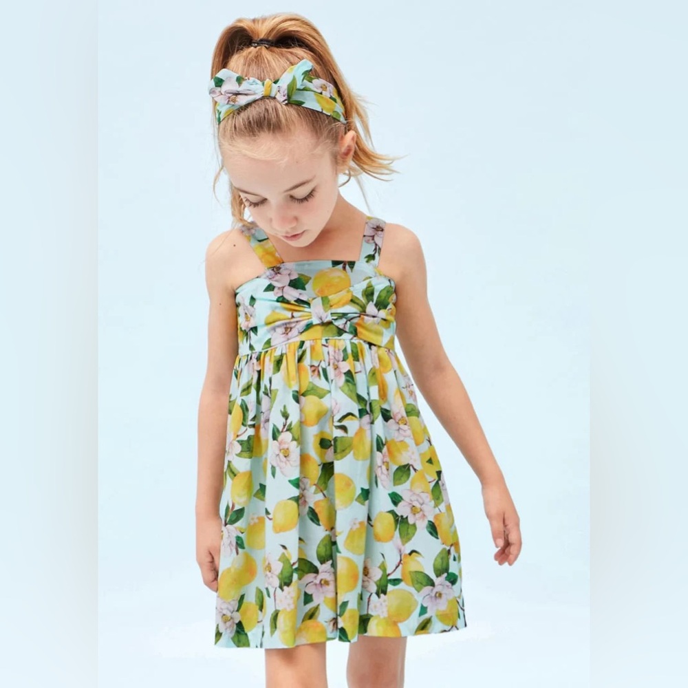 Size 7 Girls Mayoral Kids Lemon Floral Dress with Headband